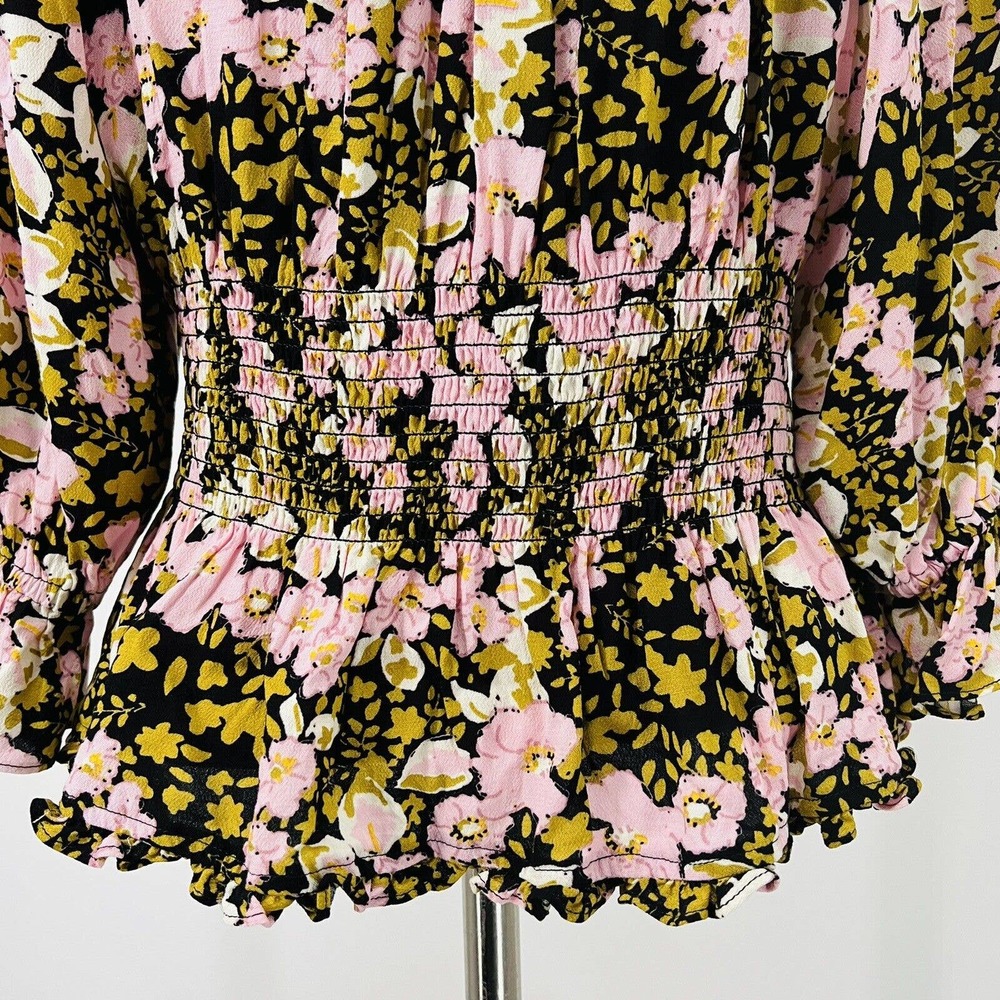Free People Sweet Memories Black Multi Floral Print Ruffled Puff Sleeve Top - Picture 8 of 12